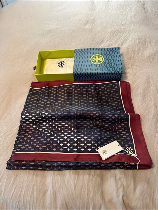 Tory Burch Accessories - Tory Burch Navy and Burgundy Silk Logo-Motif Scarf
